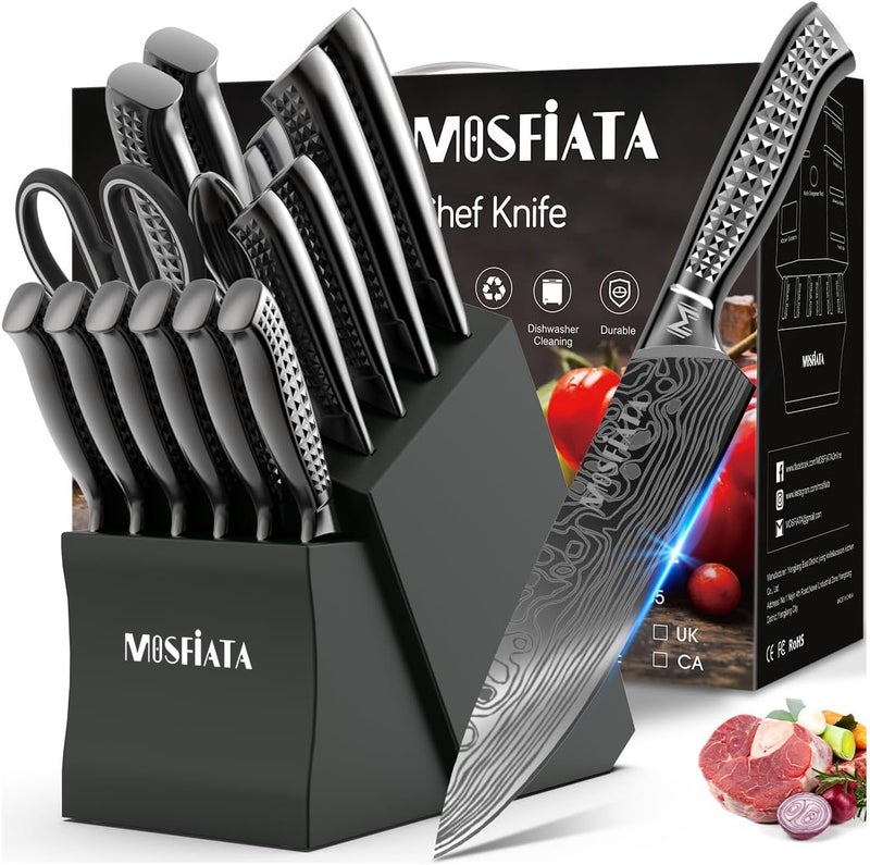 MOSFiATA Kitchen Knife Set, 17 Pcs Japanese Stainless Steel Knife Sets for Kitchen with Block with Knife Sharpening Rod, Dishwasher Safe, Titanium Plated Knife Block Set (Gray) - Image 1